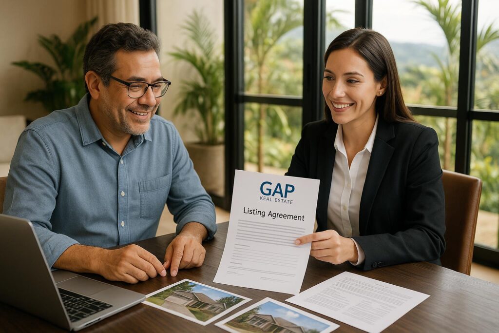 A property owner and a GAP Real Estate agent reviewing a listing agreement for a San Ramón property.