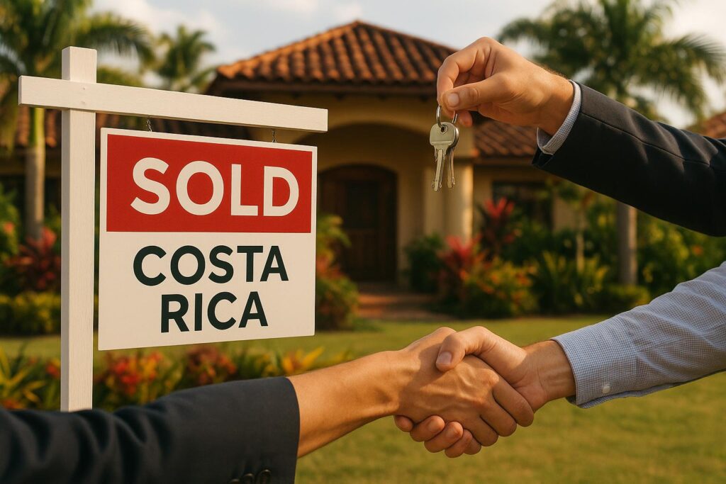 A 'SOLD' sign in front of a Costa Rican home, representing a successful sale with GAP Real Estate.
