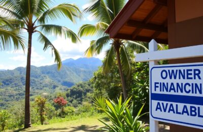 Beautiful Costa Rica property with owner financing sign in foreground